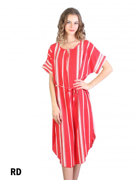 Stripe & Dots Print Dress W/ Belt & Zipper